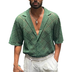 HEARUJOY  -  Summer Cool Shirt Men's Knitted Hollow Out Breathable Tops Fashion Short Sleeve Lapel Jacquard Shirts Casual Cardigan Streetwear