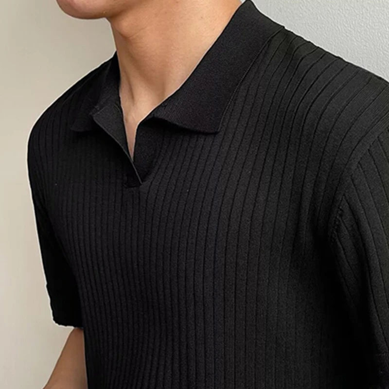 Hearujoy Summer Men's Clothing Light Luxury Slim V Neck Knit Solid Color Polo Shirt Fashion Short Sleeve Fashion Retro Leisure Knitwear