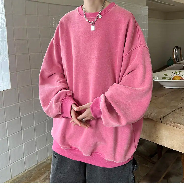 HEARUJOY  -  American Washed Old Pullovers Sweatshirts Men Loose Solid Color 2025 Autumn Large Size Warm O Neck Tops Hip Hop Y2k Sweatshirt