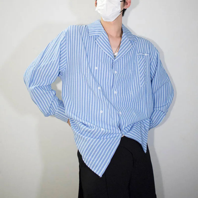 HEARUJOY  -  Long Sleeved Shirt Men Fashion Society Mens White Dress Shirt Korean Loose Blue Striped Shirt Mens Double Breasted Casual Shirt