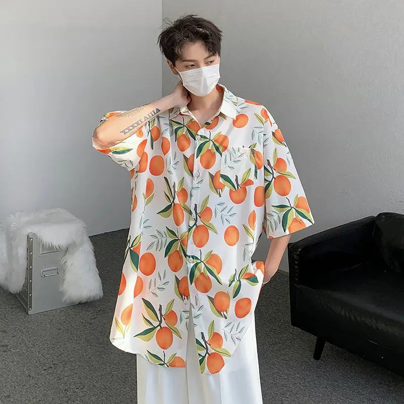 Hearujoy Orange Cute Fruit Peaches Full Print Shirts Loose Half Sleeve Summer Blouse Funny Hawaii Tops Oversized Mens Hip Hop Casual Coat