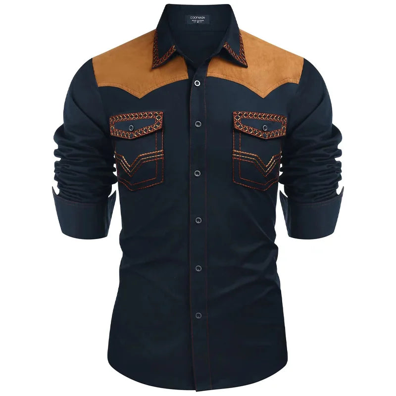 HEARUJOY  -  Men's Western Shirt, Long-sleeved Denim Shirt, Men's Casual Buttoned Color-blocked Shirt Top