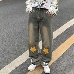 Hearujoy Y2K Mens Retro Streetwear Hip Hop Stars Straight Fairy Grunge Jeans for Men Denim Pants Wide Leg Oversized Alt Trousers Clothes