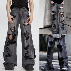 HEARUJOY  -  Men Vintage High Waist Baggy Hole Pants Fashion Hip Hop Gothic Wide Leg Jeans Casual Loose Trouser 2025