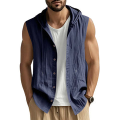 HEARUJOY  -  Summer Men's Casual Sleeveless Hooded Shirt, Linen Hooded Solid Color, Breathable and Loose Top