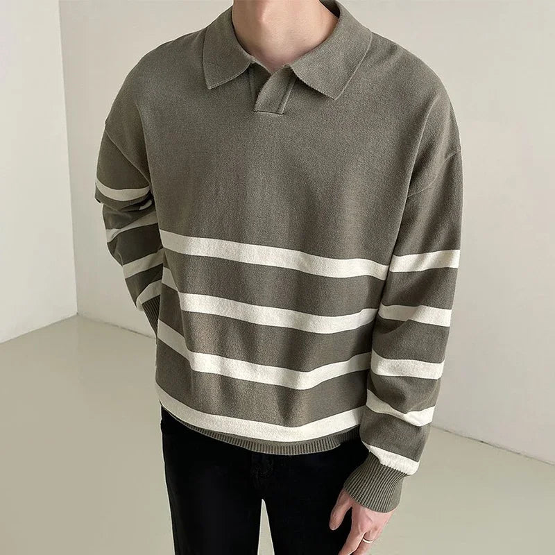 Hearujoy Shoulder Drop Striped Lapel Sweater Men's Light Luxury Outerwear Knitted Sweater Long Sleeved Casual Temperament Line Garment