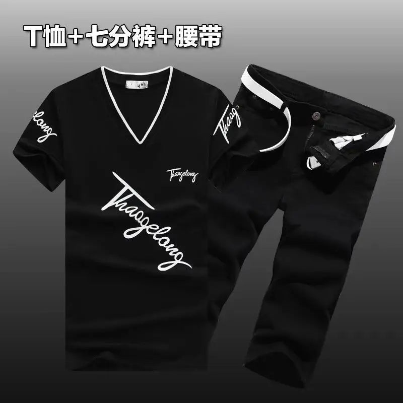 HEARUJOY  -  Summer Men Set Cotton T-Shirts Denim shorts New Tide Cowboy Shorts two Piece suits  Handsome Men's Sets