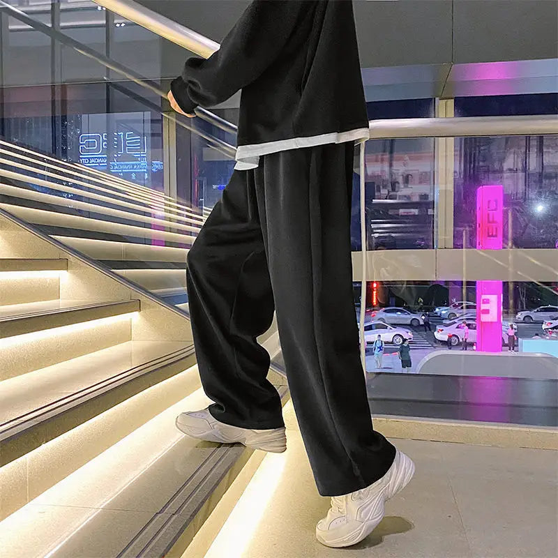 Hearujoy Black Men's Sweatpants Loose Straight Casual Mopping Pants Spring Solid Color Versatile Oversized Wide Leg Sports Trousers 3XL