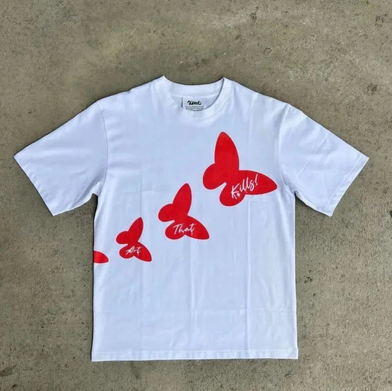 Hearujoy Street Vintage Cartoon Alphabet Print Oversized Short Sleeve T-shirt for Men Y2k Harajuku Fashion Goth Couple Shirt