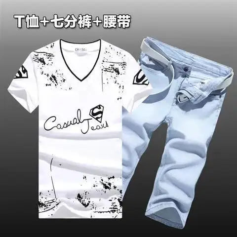 HEARUJOY  -  Summer Men Set Cotton T-Shirts Denim shorts New Tide Cowboy Shorts two Piece suits  Handsome Men's Sets