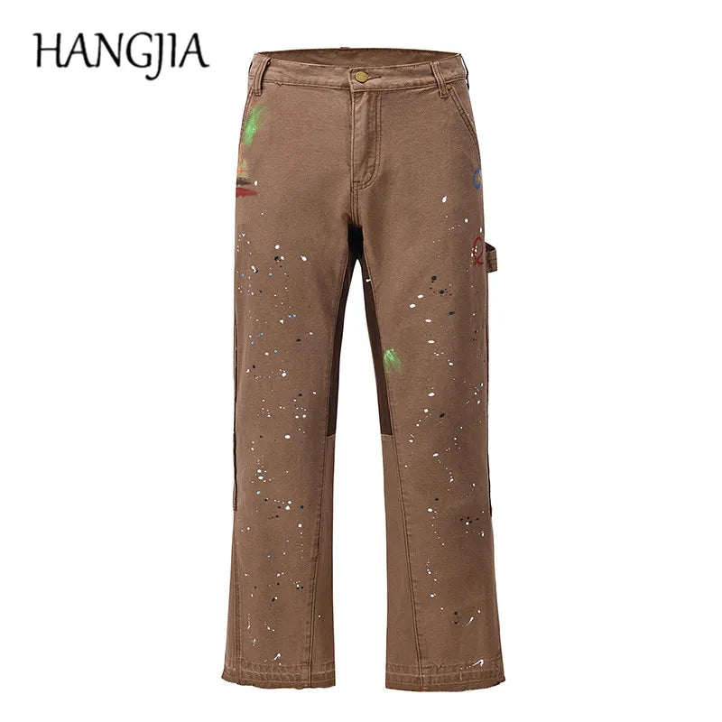 Hearujoy Streetwear Graffiti Cargo Flared Jeans Khaki Black Splash Ink Wide Leg Denim Pant Hip Hop Cargo Trousers Jean Men