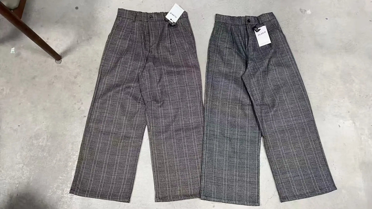 HEARUJOY  -  Men's Casual Pants Sword Way ey And Bla Plaid Loose Wide Leg Floor Length Spring Autumn High Waist Zipper Fly Straight Tube