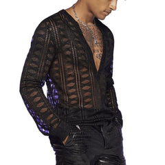 HEARUJOY  -  Men Lace T-Shirt See-Through V-Neck Mesh Thin T-Shirt Summer Streetwear Sexy Fashion Breath Long Sleeve Top Men'S Clothing 2025
