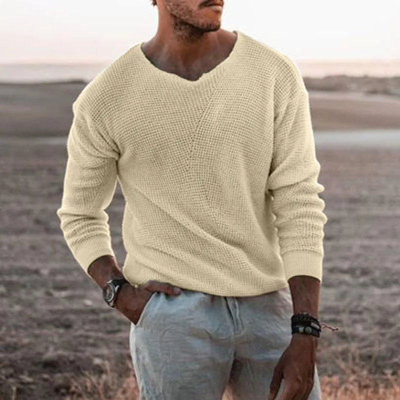 HEARUJOY  -  Men's Casual Knitted Sweater, Long Sleeve, Patchwork Color, O-Neck Tees Top, Loose Hollowed Breathable Knitwear, Streetwear