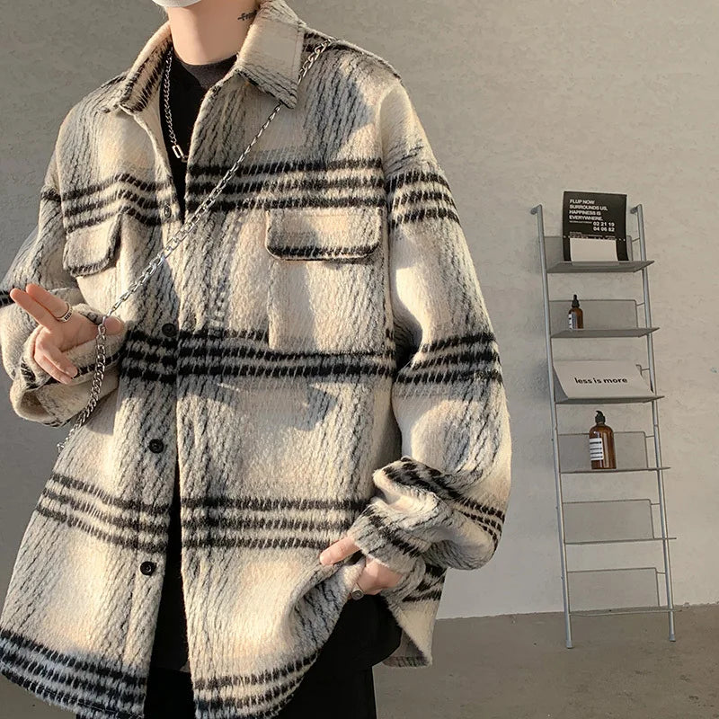 Hearujoy Winter Woolen Coat Men Warm Fashion Retro Thicken Plaid Coat Men Streetwear Korean Loose Short Woolen Coat Mens Thick Jacket