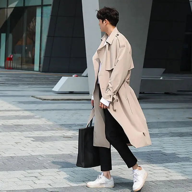 Hearujoy Men's Mid Length Windbreaker Korean Spring Autumn Loose Over The Knee Coat British Elegant Design Jacket Elegant Trench Coat