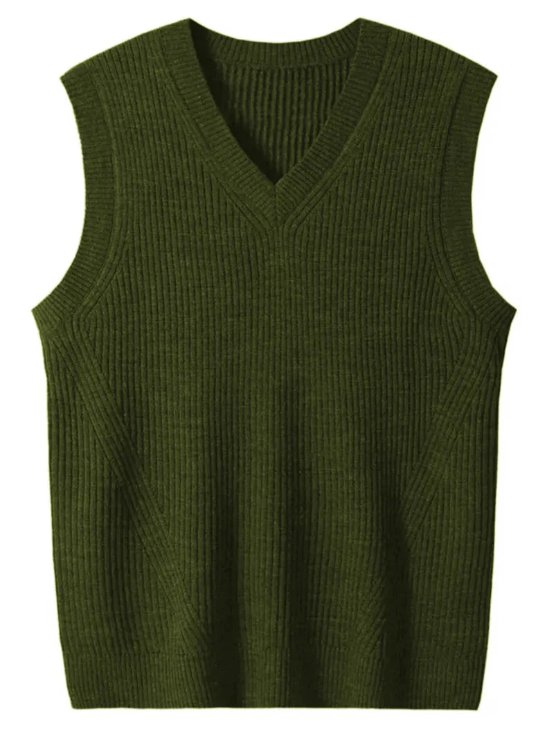 HEARUJOY  -  New Popular Preppy Style Men Sweater Vest Casual Knitted Streetwear Solid Color V Neck Waistcoat Leisure High Quality Knitwear