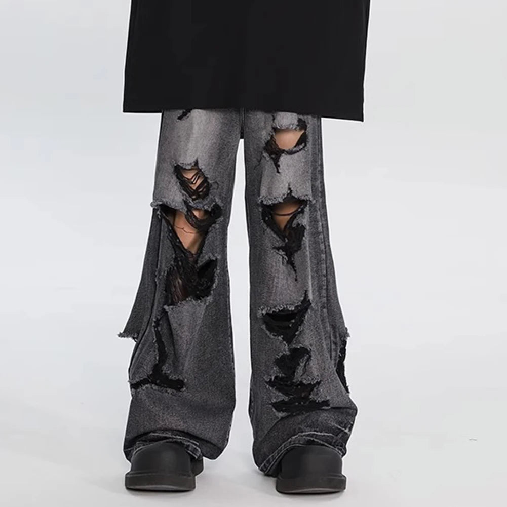 HEARUJOY  -  Men Vintage High Waist Baggy Hole Pants Fashion Hip Hop Gothic Wide Leg Jeans Casual Loose Trouser 2025