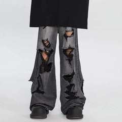 HEARUJOY  -  Men Vintage High Waist Baggy Hole Pants Fashion Hip Hop Gothic Wide Leg Jeans Casual Loose Trouser 2025