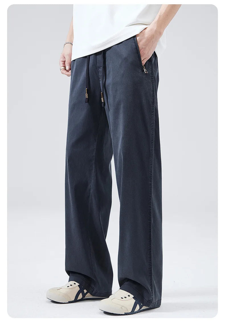 HEARUJOY  -  Men's Summer Casual Pants Men Trendy Loose Fit Versatile Wide Leg Draped Straight Long Trsouers Elastic Waist