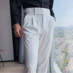 HEARUJOY  -  Men Korean Cropped Pants Fashion Casual Naples Trousers Slim Fit Pencil Suit Pants High Waist Button Business Straight Trousers