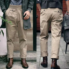 HEARUJOY  -  Vintage Gurkha Pants For Men Safari Style Adjustable Waist Buckle NaplesTrousers Fashion Casual Loose Ankle-Length Cotton Pants