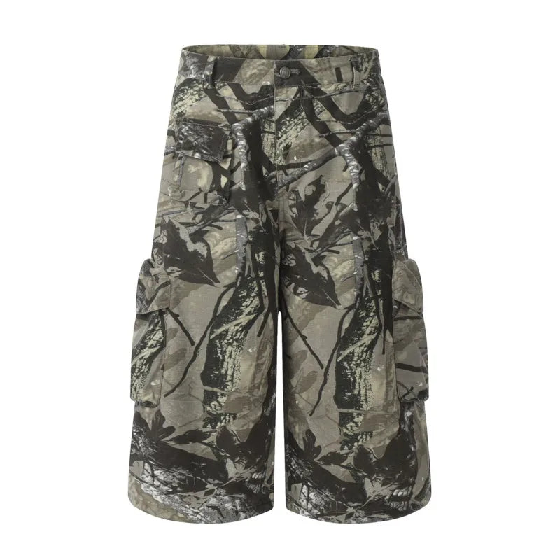 Hearujoy American Style Men Graffiti Cropped Trousers Summer Fashion Casual  Straight Wide Leg Male Shorts Camouflage Color 9C6630