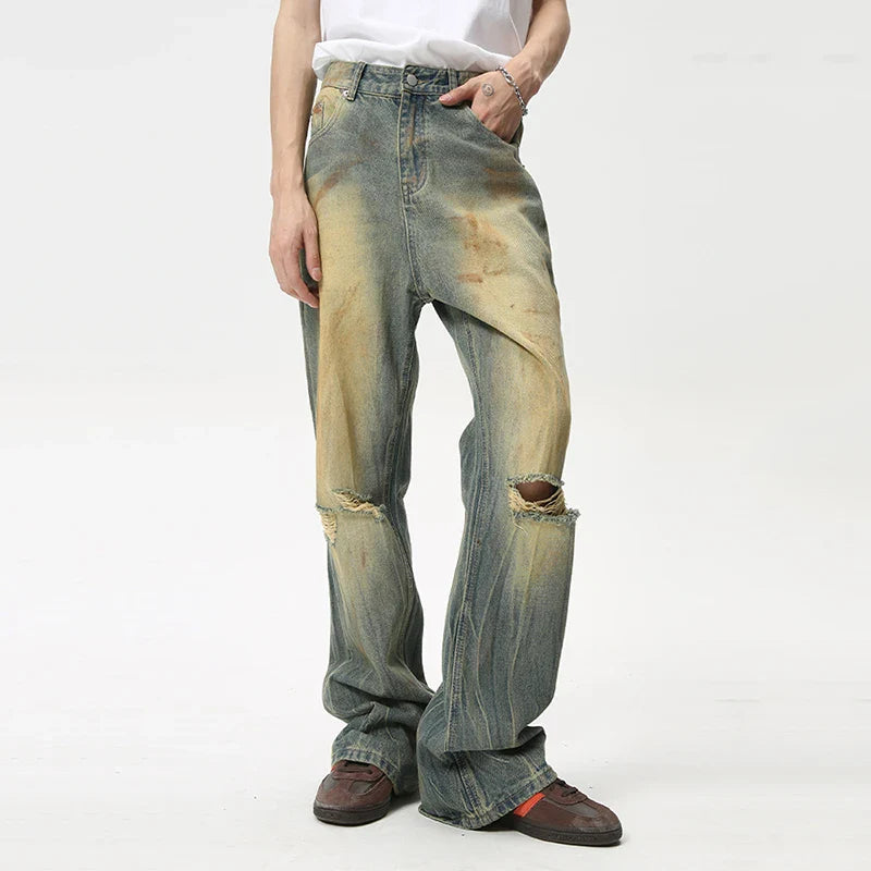 Hearujoy Fashion Loose Men's Straight Pants American Style Casual Hole Worn Design Make Old Wide Leg Jeans Summer 9C6091