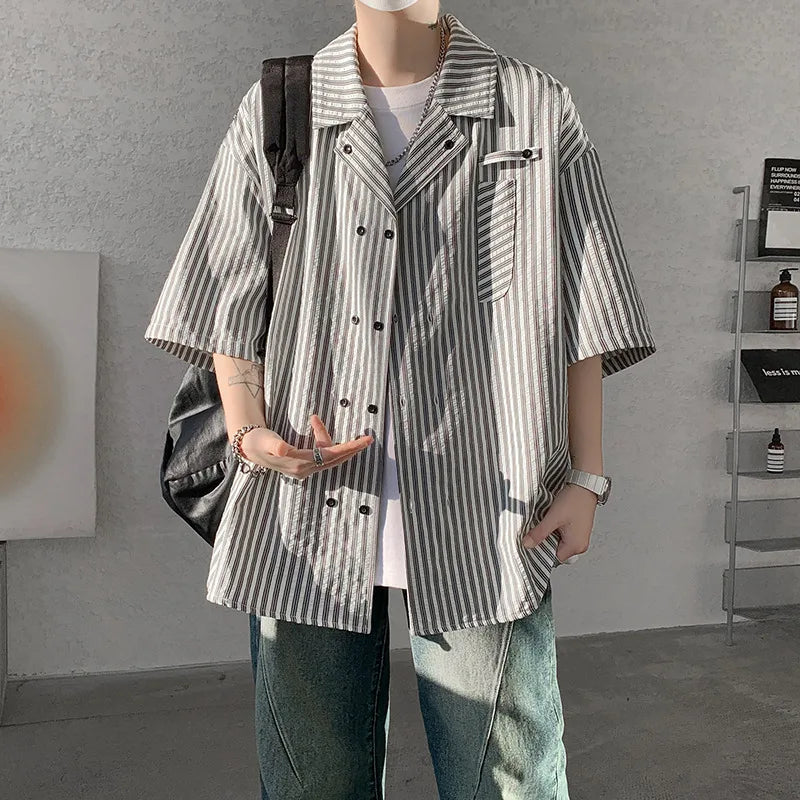 HEARUJOY  -  Summer White Short Sleeved Shirt Men Society Mens Dress Shirt Korean Loose Casual Blue Stripe Shirt Mens Office Formal Shirts