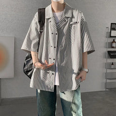 HEARUJOY  -  Summer White Short Sleeved Shirt Men Society Mens Dress Shirt Korean Loose Casual Blue Stripe Shirt Mens Office Formal Shirts
