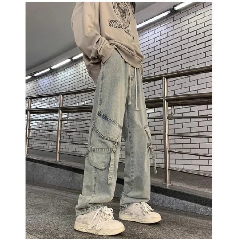 Hearujoy Autumn And Winter New Japanese Overalls Jeans Men And Women American Retro High Street Micro-la Washed Wide-leg Straight Pants