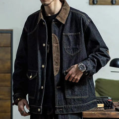 Hearujoy Vintage Denim Jackets Men Retro Cargo Jacket Coats Outerwear Coat for Men Distressed Streetwear Japanese Patchwork