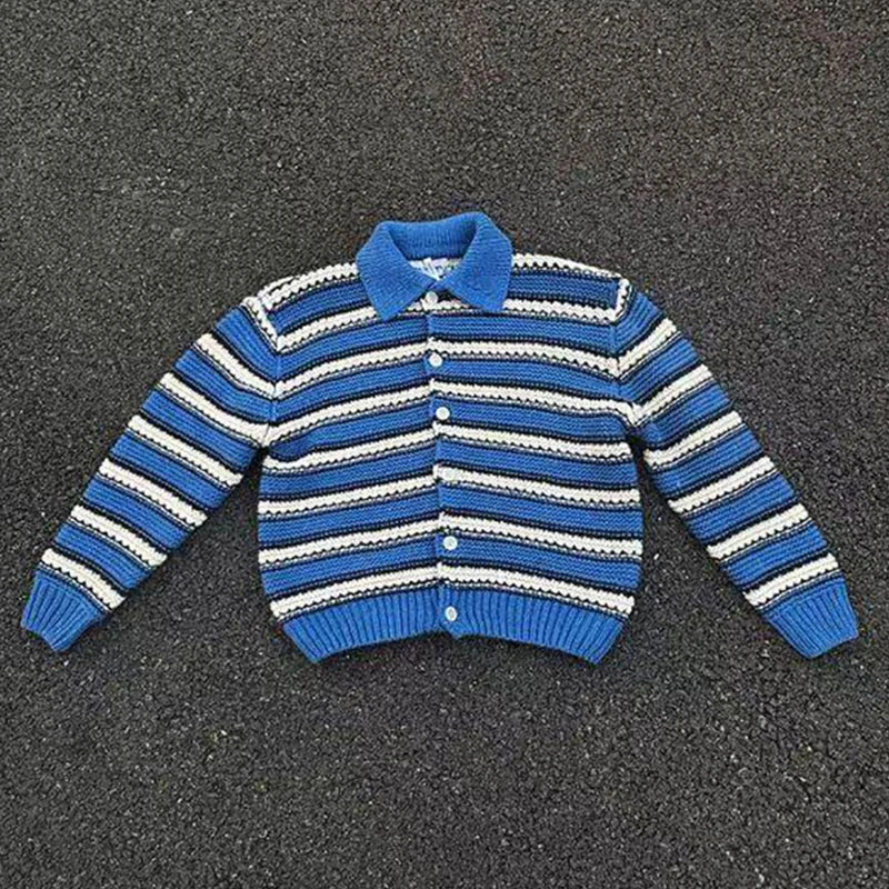HEARUJOY  -  Vintage Striped Crochet Mens Sweater Jackets Casual Button-up Turn-down Collar Knit Cardigans Men Spring Autumn Fashion Sweaters
