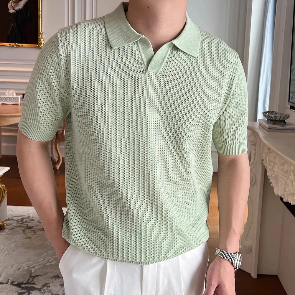 HEARUJOY  -  Casual Outings Short Sleeve Knitted Top Loose Fit Short Sleeve Top Fashion Male Clothing Slight Stretch Fabric