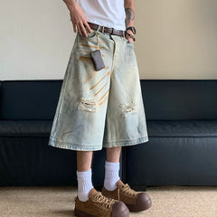 Hearujoy Mud Dyed Washed Worn Out Hole Straight Denim Pants Summer 2024 Wide Leg Contrast Color Male Shorts Casual 24E1065