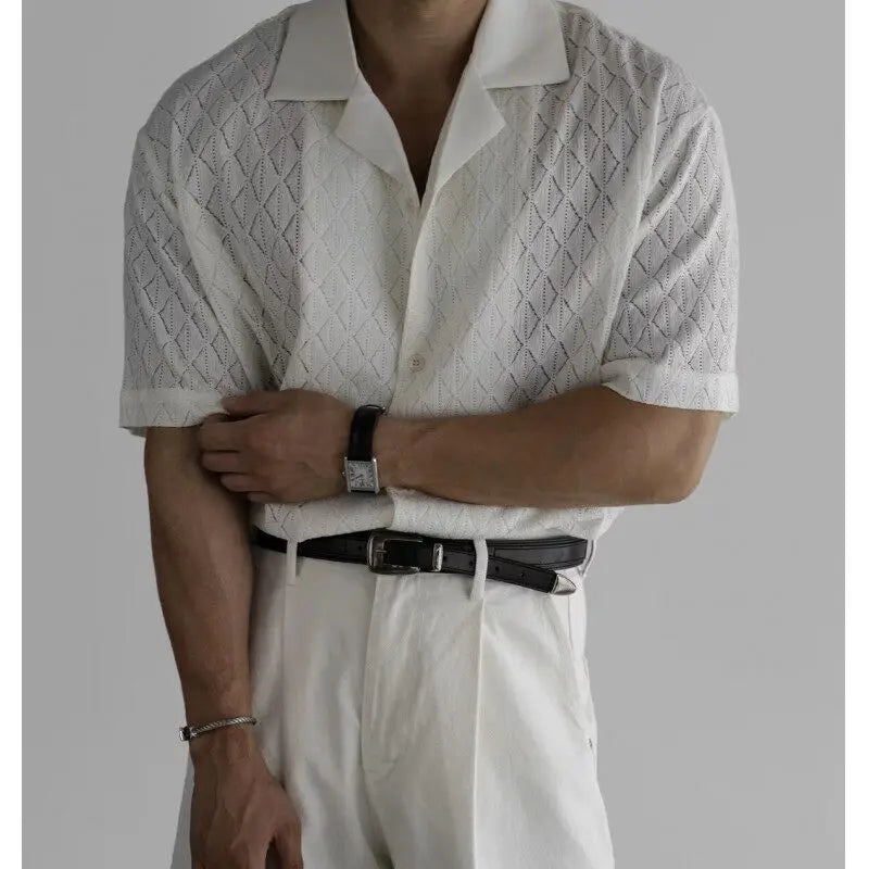 HEARUJOY  -  Summer Black Short Sleeved Shirt Men Oversized Beige Casual Shirt Streetwear Men Korean Loose Hollow Shirt Mens Hawaiian Shirts