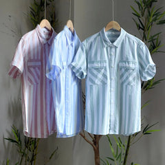 HEARUJOY  -  Harajuku Cotton Striped Shirt Men Japanese Style Summer Holiday Beach Short Sleeve Shirts for Man Clothing Camisa Masculina