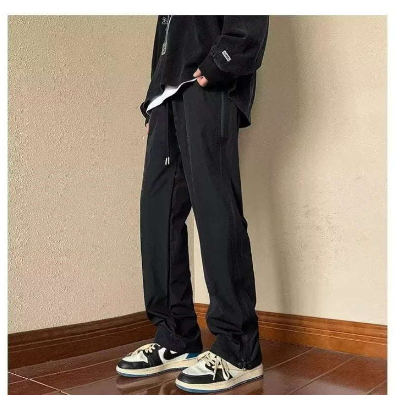 Hearujoy Autumn New American Trendy Rush Pants Men High Street Solid Pocket Zipper Drawstring Loose Versatile Straight Workwear Trousers