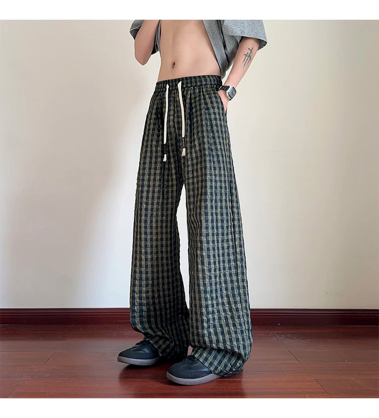 HEARUJOY  -  American Men Thin Pants for Men 2025  Summer plaid  Sweatpants Straight Loose Sports Casual Trousers