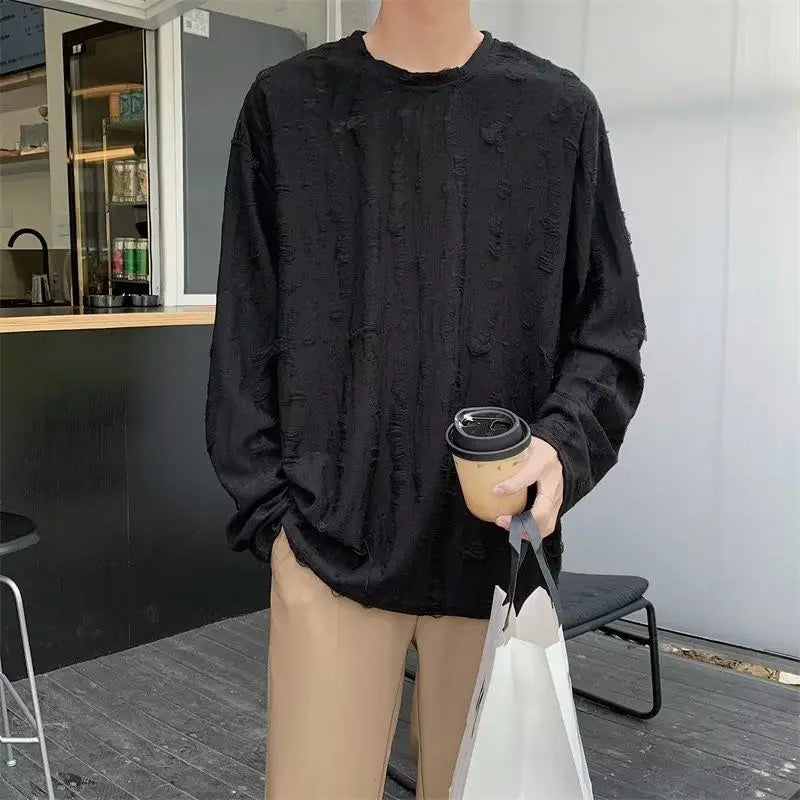 Hearujoy Korean INS Niche Design Men Clothing Round Neck Hole T-shirt Men and Women Long Sleeve Retro Loose Casual Drape Mens T Shirts