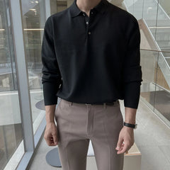 HEARUJOY  -  Spring Autumn New Fashion Turn-down Collar Long Sleeve Solid T-Shirts Men's Clothing Button All-match Bottoming Shirt Trend Tops