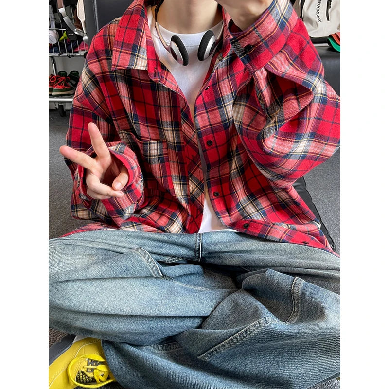 HEARUJOY  -  New in Spring Men's Shirts Classic Harajuku Long Sleeved Plaid Shirt Red Checkered Shirt Chemise Homme Cotton Male Check Shirts