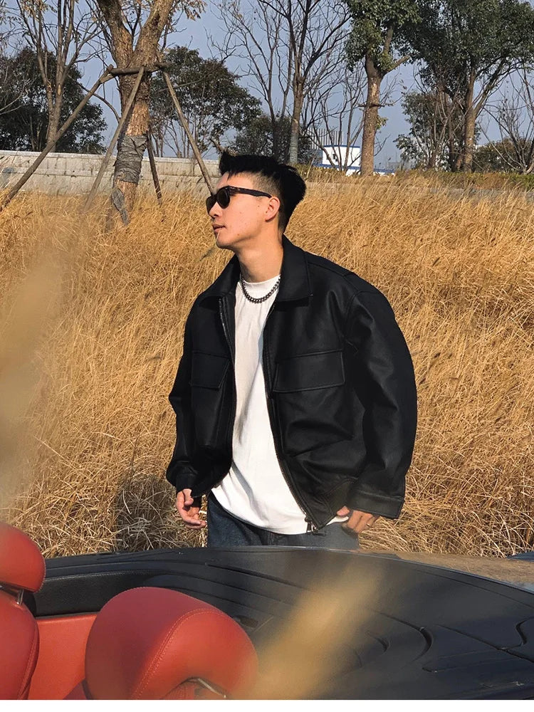 HEARUJOY  -  Spring Cool Handsome Oversized Short Matte Black Pu Leather jacket Men Zipper Pockets Loose Luxury Designer Clothes
