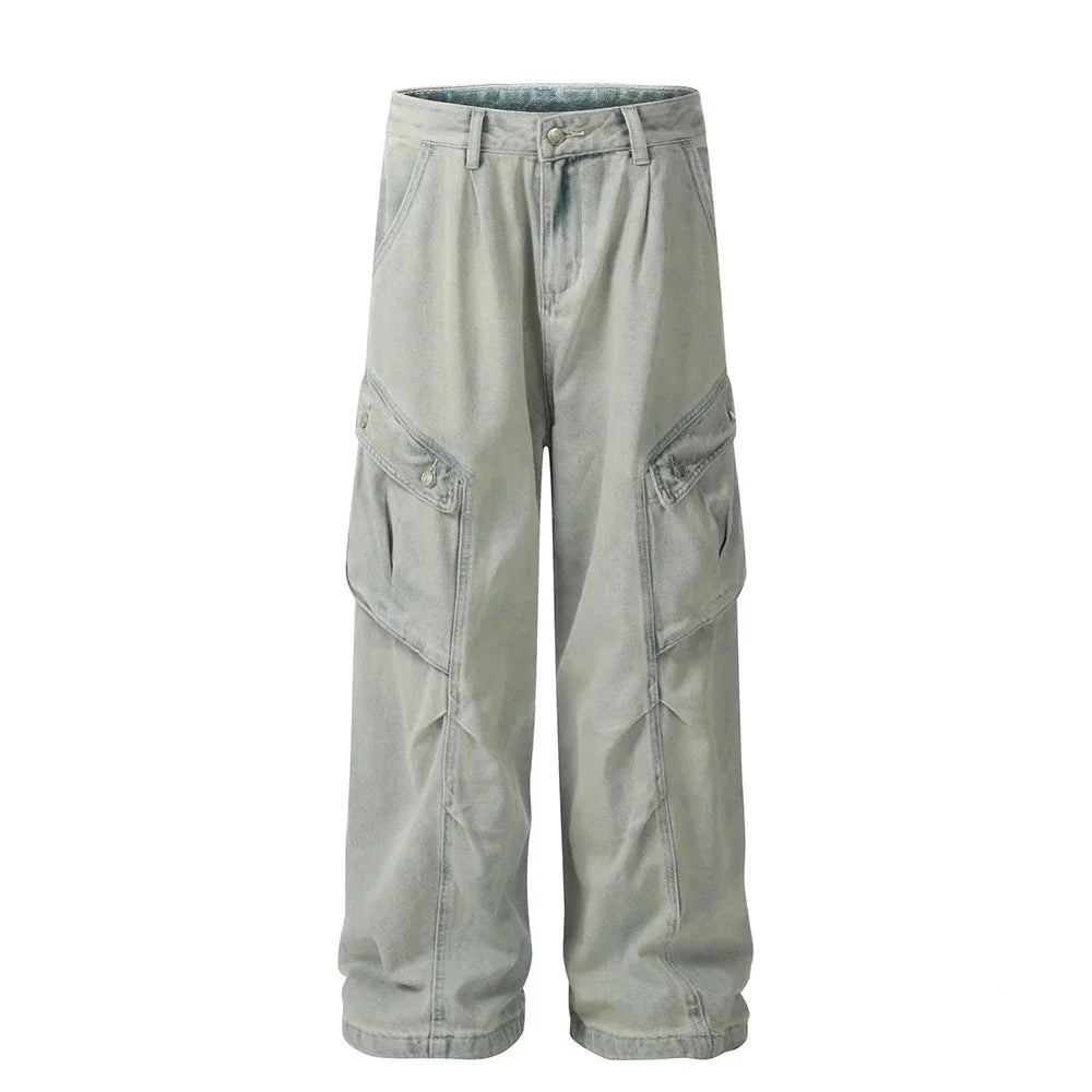 Hearujoy High Street Side Big Pockets Washed Baggy Mens and Womens Blue Jeans Pants Straight Ropa Hombre Loose Denim Trousers Oversized