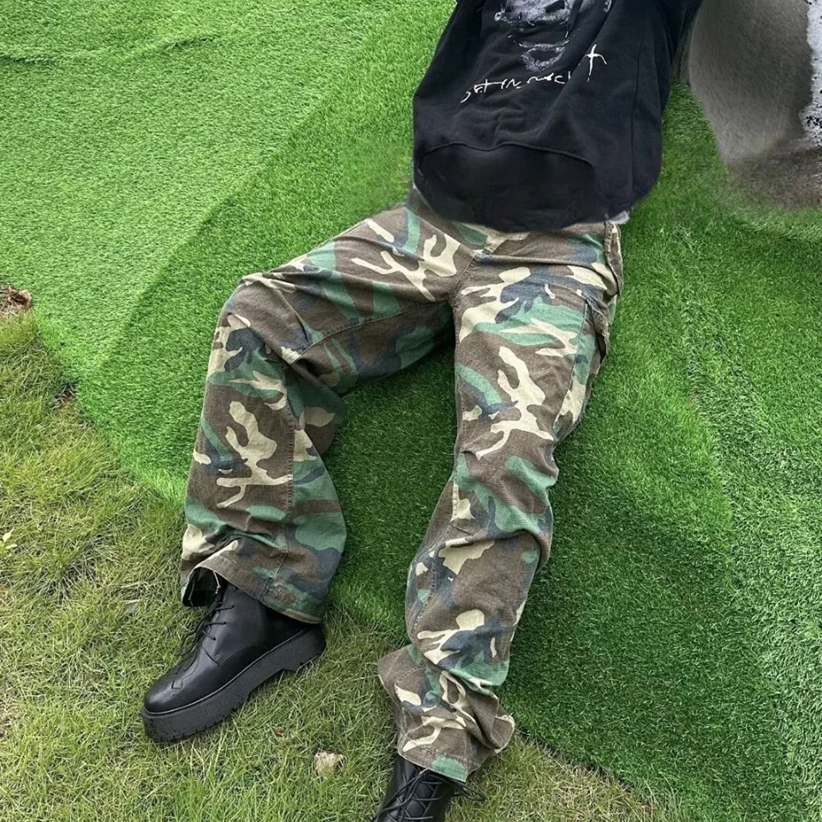 Hearujoy Streetwear Multi-pockets Baggy Camouflage Cargo pants Mens and Womens Straight Patchwork Loose Casual Overalls Oversized Jeans