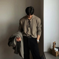 Hearujoy New Korean Fashion Men Clothing Polo Lapel Sweaters for Men Pullover Loose Casual Buttons Niche Design Harajuku Knit Sweater Men