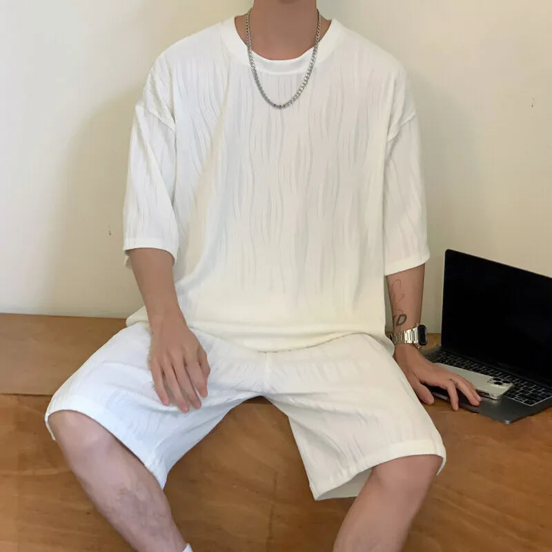 HEARUJOY  -  Summer Set Men Fashion Casual Shorts Short Sleeved T-shirt Sets Men Streetwear Hip-hop Loose Ice Silk Set Mens Pleated Set