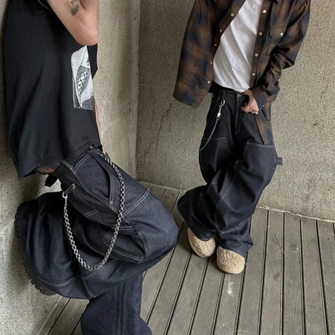 Hearujoy High Street Cleanfit Multipockets Drak Blue Baggy Jeans for Men and Women Straight Vintage Casual Loose Denim Trousers Oversize