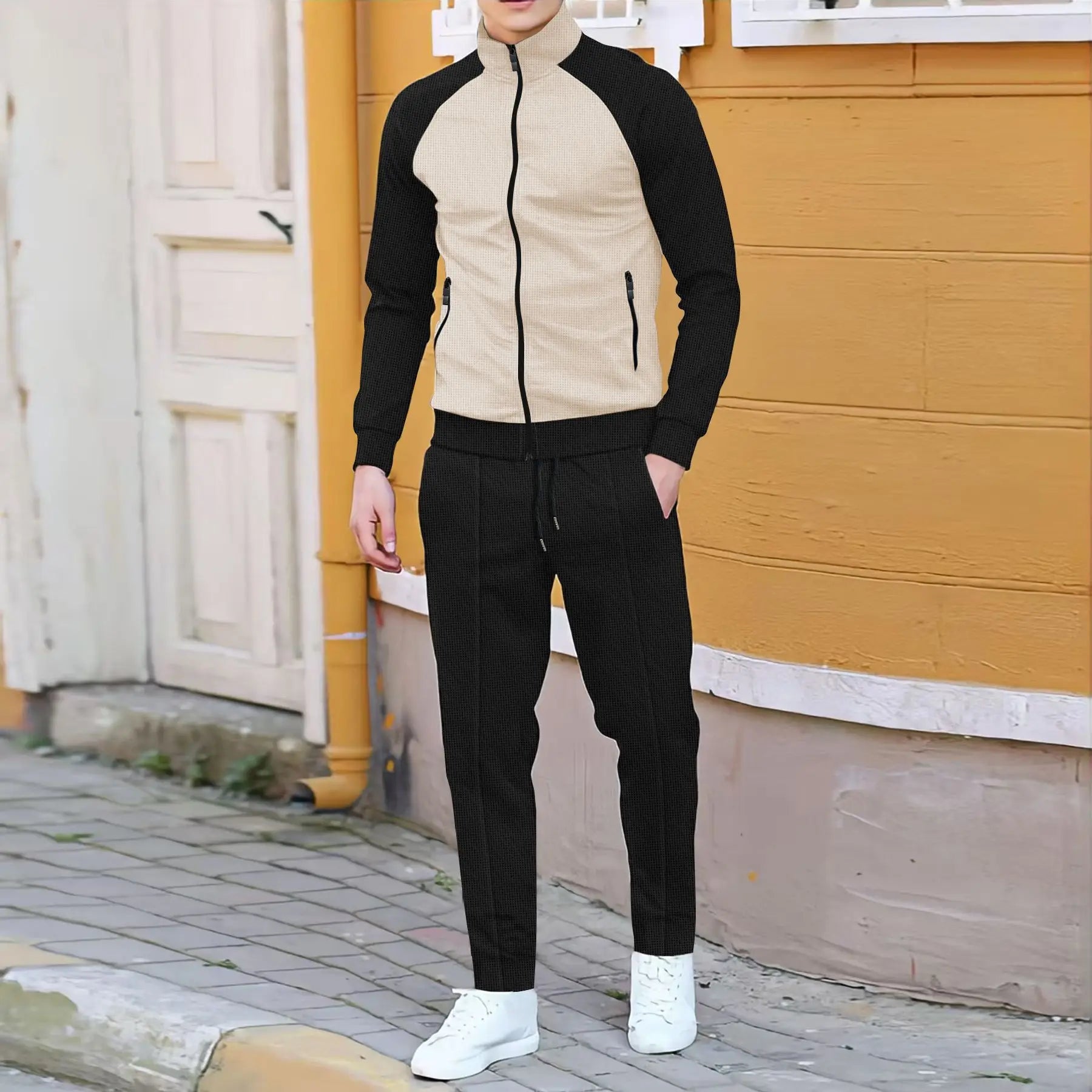HEARUJOY  -  Spring Autumn Men's Sports Suits Patchwork Raglan Sleeve High Neck Jacket Coat And Pants Two Piece Set Casual Sweatshirt Outfits