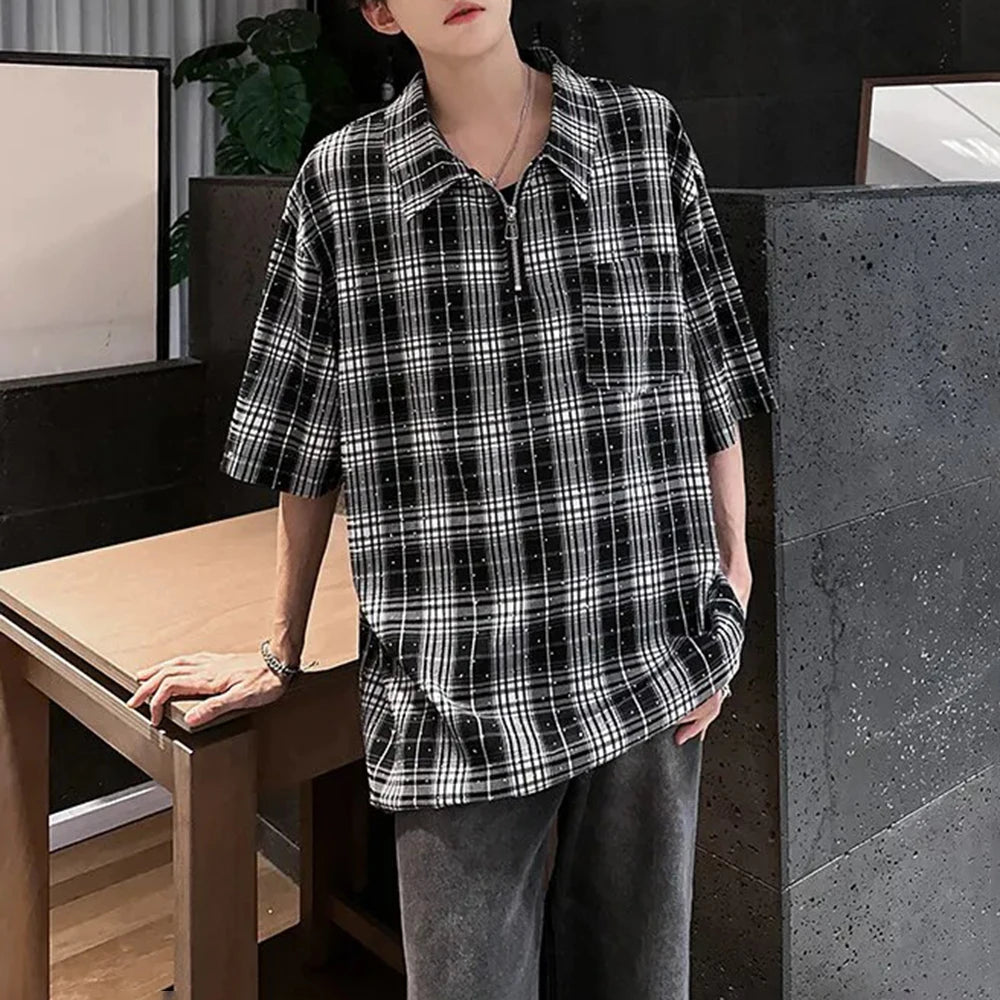 HEARUJOY  -  Mens Hot Diamond Plaid Half-Zip Casual Shirt Streetwear Fashion Youth Campus Versatile Short-Sleeve Tops Men'S Clothing 2025 New